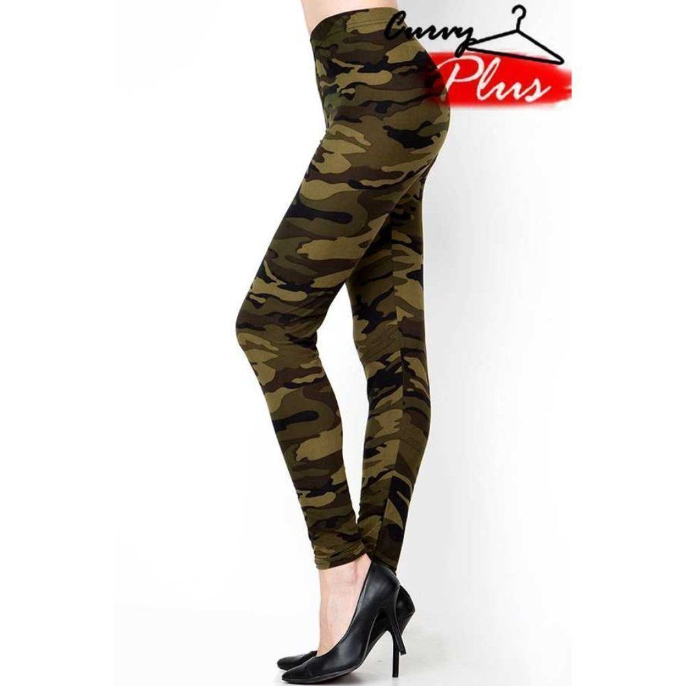 (Plus) Curvy Green Camo Butter Soft Peachskin Full Leggings